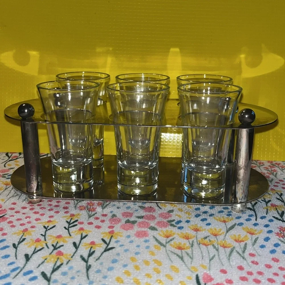 Mid-Century Modern Bar Caddy with 6 Cordial‎ Glasses